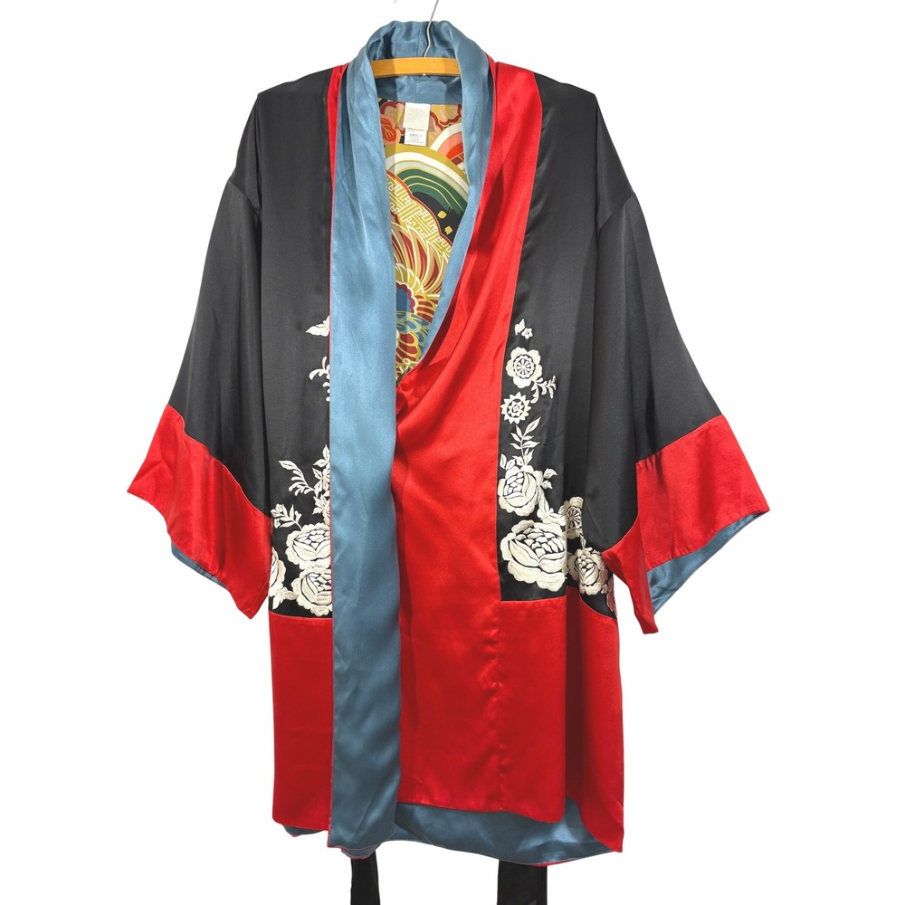 Natori Robe Black Red Blue Embroidered Phoenix Floral Satin Kimono V80940 Small